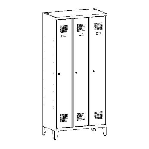 Öltözőszekrény, fém, dupla szellőzővel, 3 ajtós + lábazat (331w)